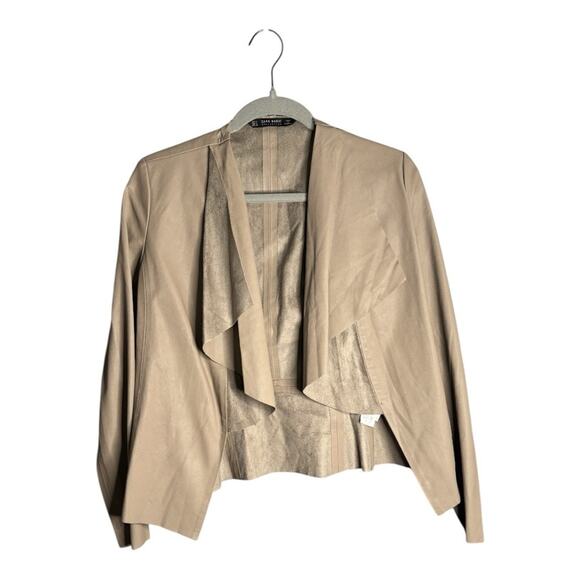 Zara Taupe Faux Leather Open Front Jacket With Wide Collar Size Small - Picture 1 of 7